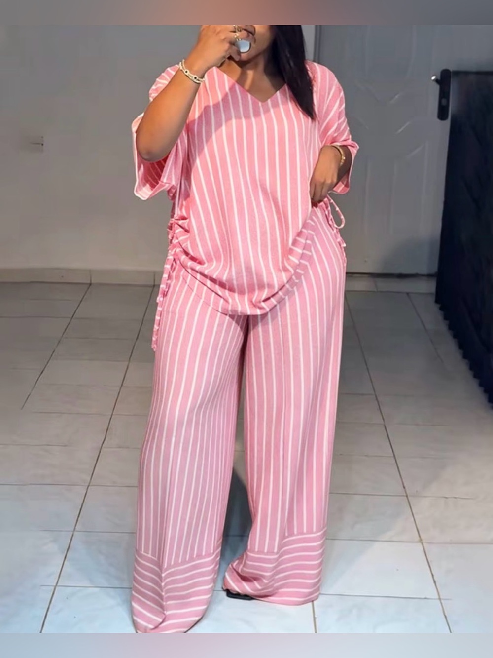 Women’s 2-Piece Pink with White Striped Wide-Leg Pants Set